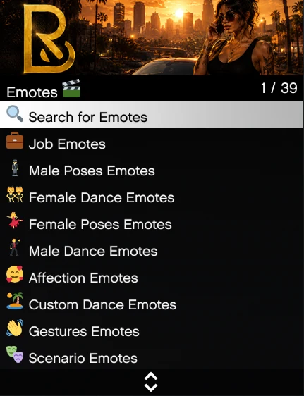 The emote menu in game, showing its category list